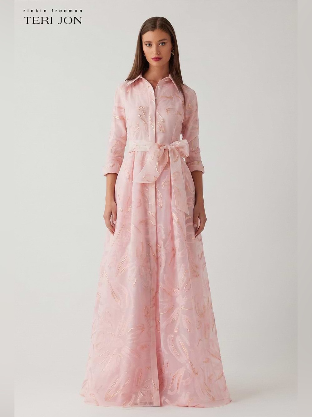 Teri Jon Blush Pink Embroidered Long Sleeve Belted Maxi Dress